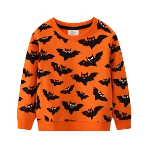 Halloween boys orange crewneck sweatshirt with black cartoon bat prints and long sleeves