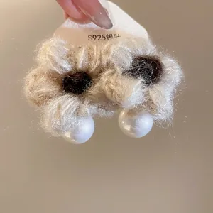 Elegant S925 silver needle knit flower earrings with pearls and soft plush petals