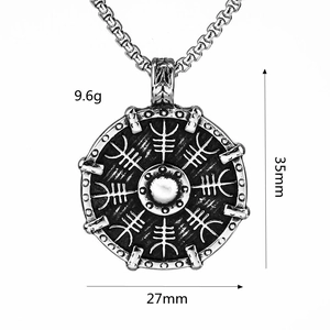 Nordic Viking compass shield pendant necklace in silver stainless steel, 35mm height