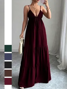 Women Elegant Deep V Neck Spaghetti Strap Tiered Maxi Dress Soft Viscose Blend Solid Color Casual Vacation Sleeveless Cake Dress