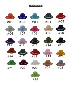 Detailed color chart showing 26 vibrant wool fedora hats with gold chain bands