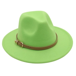 Close-up of bright green fedora hat featuring a brown leather band and gold buckle detail
