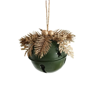 Christmas tree ornament with dark green metal bell, golden pine needles and berries