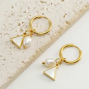 18K gold geometric stainless steel hoop earrings with shell and natural pearl charms
