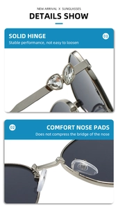 Close-up of cat-eye metal sunglasses featuring rhinestone temples and soft nose pads
