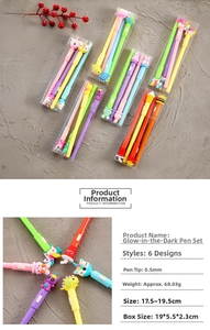 Close-up of cute cartoon glowing pens with 0.5mm nibs and unicorn dinosaur shapes