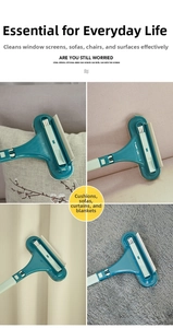 Detail view of multi-functional window screen cleaning brush with scraper and bristle for home use.