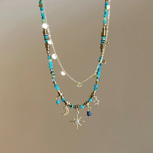 Bohemian layered star moon gold chain necklace with turquoise beads and zircon charms