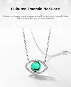 Macro detail of S925 silver Evil Eye necklace with lab-grown emerald and white zircons