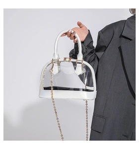Detail of transparent PVC shell bag with pearl white leather trim and gold hardware chain