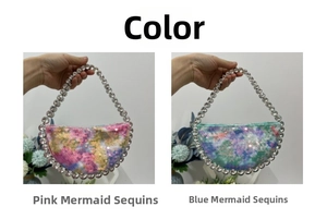 Detailed comparison of pink and blue sequin mermaid evening bags with crystal trim