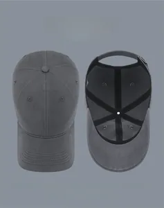 Detail view of dark grey baseball cap with multi-color swatches and reinforced inner tape