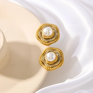 French vintage style 18k gold plated stainless steel earrings with pearls and zircons