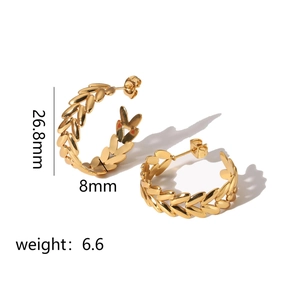 Golden wheat leaf stainless steel hoop earrings for women, 26.8mm height high polish finish