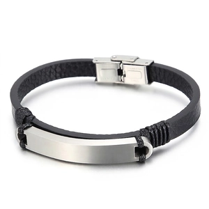 Herren Armband Edelstahl Gebogene ID Platte Geflochtenes Echtes Leder Armreif Business Casual Mode Accessoire