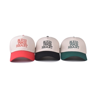 Three cotton baseball caps with Bless Your Heart print in red black and green colors