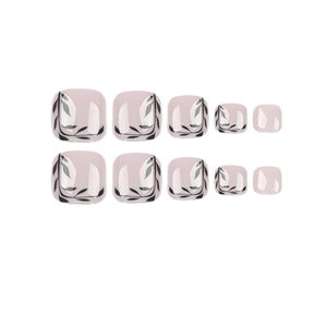 Press-on toenails in soft nude pink with elegant black leaf patterns, 10-piece set