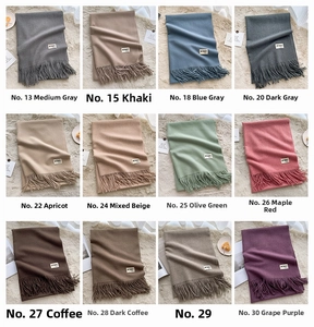 Detail view of fringed soft cashmere-feel scarves in twelve elegant autumn color options
