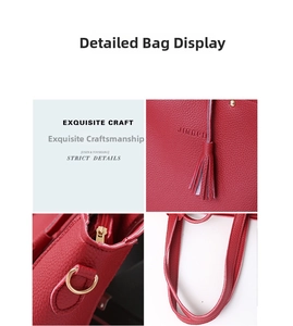 Detail of red litchi texture tote bag showing tassel, golden hardware and logo