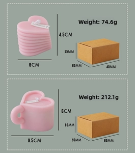 Detailed size specifications for pink heart-shaped scented candles and packaging