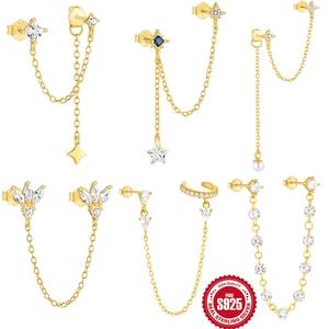 925 Sterling Silver Star Artificial Pearl Tassel Chain Earrings Gold Plated Cubic Zirconia Stud Ear Cuff For Women