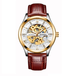 DEDIMA luxury men's automatic mechanical watch with skeleton dial and brown leather strap