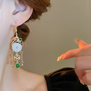 Elegant Chinese style earrings with jade pendant and gold tassel for women