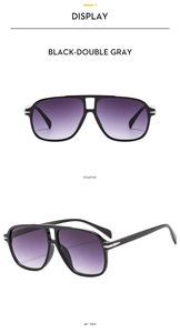 Front and side view of black double-bridge aviator sunglasses with gradient purple lenses
