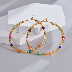 Bohemian style hoop earrings with 14K gold titanium steel and colorful rainbow beads