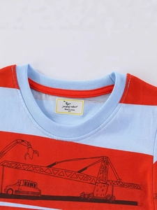 Kids short sleeve cotton T-shirt with red blue stripes and crane truck print