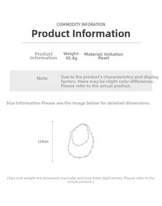 Detail view of 114cm long faux pearl necklace showing dimensions and 49.8g weight specs