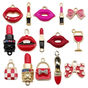 14pcs DIY enamel red lip and lipstick alloy charms with rhinestones for jewelry making