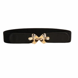 Elastic black waist belt for women featuring a stylish gold flower metal buckle design