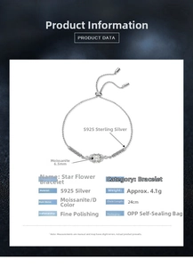 Detail of S925 sterling silver bracelet with 6.5mm D-color moissanite and star flower setting