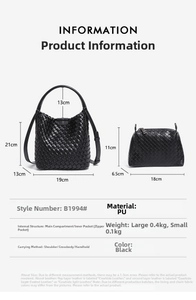 Detail view of woven bucket bag set in black PU leather with size information