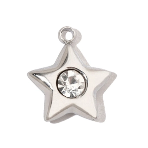 Close-up of silver stainless steel star pendant with central clear zircon stone
