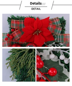 Detail of Christmas teardrop wreath with red poinsettia and plaid ribbon bow