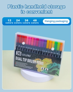 Dual tip brush pens in 36 vibrant colors with a transparent plastic storage box