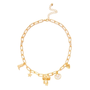 Gold charm necklace with shell, bow, and heart pendants on chunky link chain