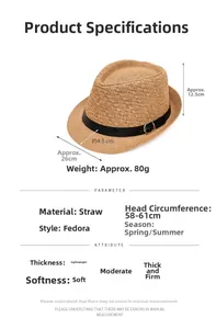 Detailed view of paper straw jazz fedora featuring a black ribbon and metal buckle