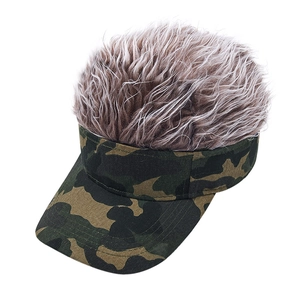 Detail of creative camouflage visor with realistic brown synthetic wig hair on top