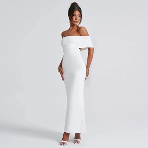 Detail view of white off-shoulder maxi dress featuring elegant pleated shoulder design