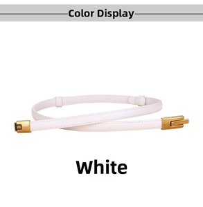 Close-up of slim white leather belt with rectangular gold metal buckle detail