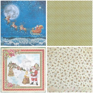 Detail of four vintage Christmas scrapbook paper designs with Santa and floral patterns