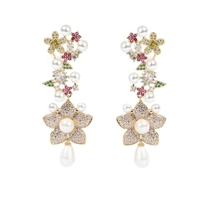 Elegant floral drop earrings with colorful zircons, white pearls, and gold finish
