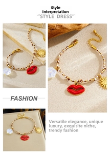 Detail of bohemian braided rope bracelet with red lips and golden sun charms