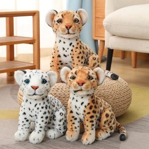 Three plush leopard stuffed toys in snow leopard and yellow leopard animal variants