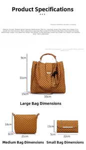 Size guide for large capacity PU leather handbag set showing three bags dimensions and weight