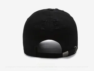 Back view of black distressed cotton baseball cap with adjustable metal sliding buckle