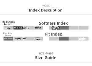 Size guide and product index showing slim fit, soft fabric, and thickness parameters
